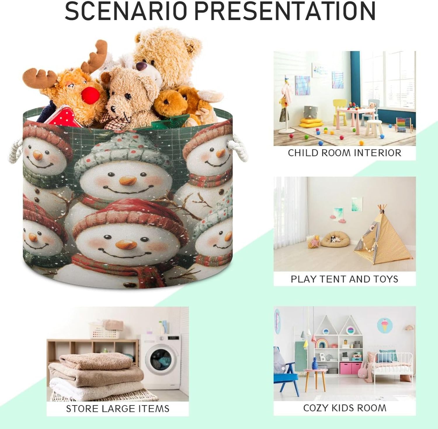 Christmas Snowmen Extra Large Storage Basket Decorative Laundry Basket with Handles, Rope Basket for Clothes, Blanket, Towel, 20 x 14 Inch