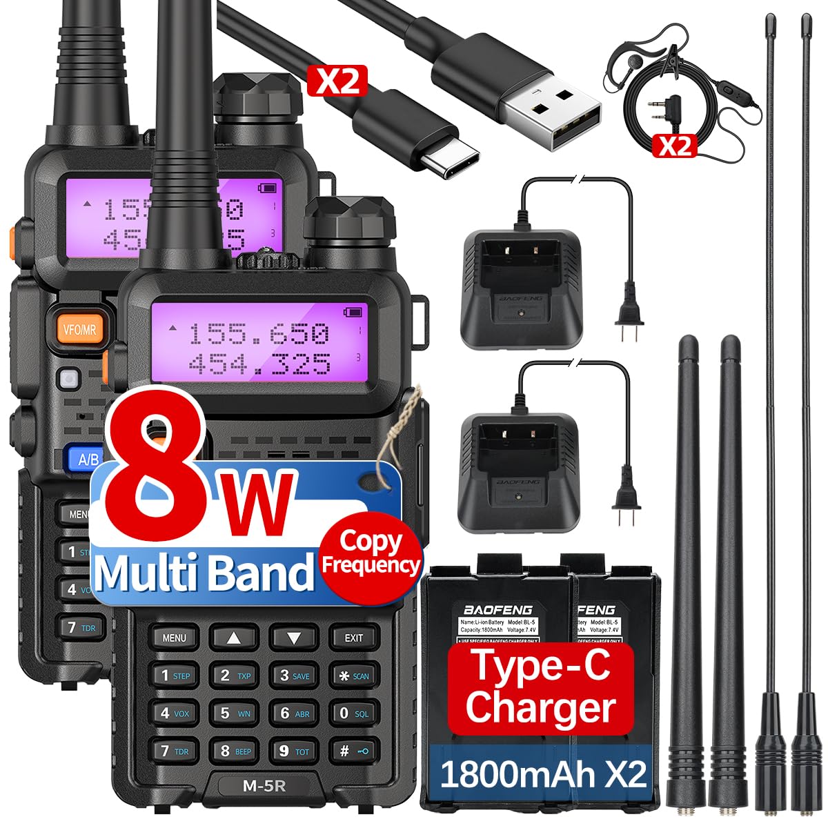 BAOFENG UV-5R Ham Radio Long Range UV5R 8w New Ver. Handheld Walkie Talkies Two Way Radio M-5R 5RX USB-C Charger Multi Band Copy Frequency for Survival Gear Camping,2 Pack