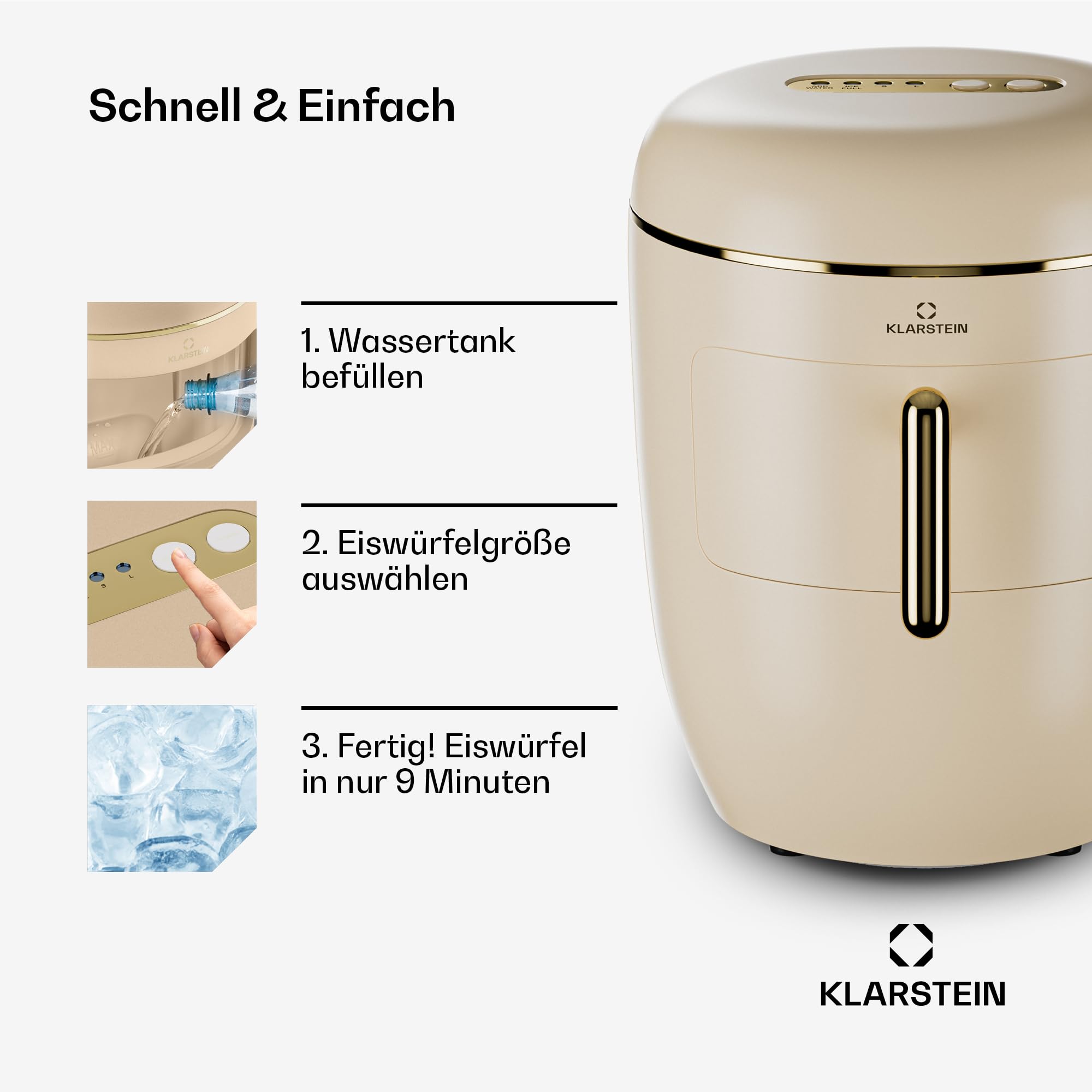 Klarstein Eiswürfelmaschine für Zuhause Camping Gastro, Schnelle Mini-Eiswürfelmaschine Klein, Profi Eismaschine für Große & Kleine Eiswürfel, Selbstreinigend, 2,3L Wassertank, 15kg Eis in 24h