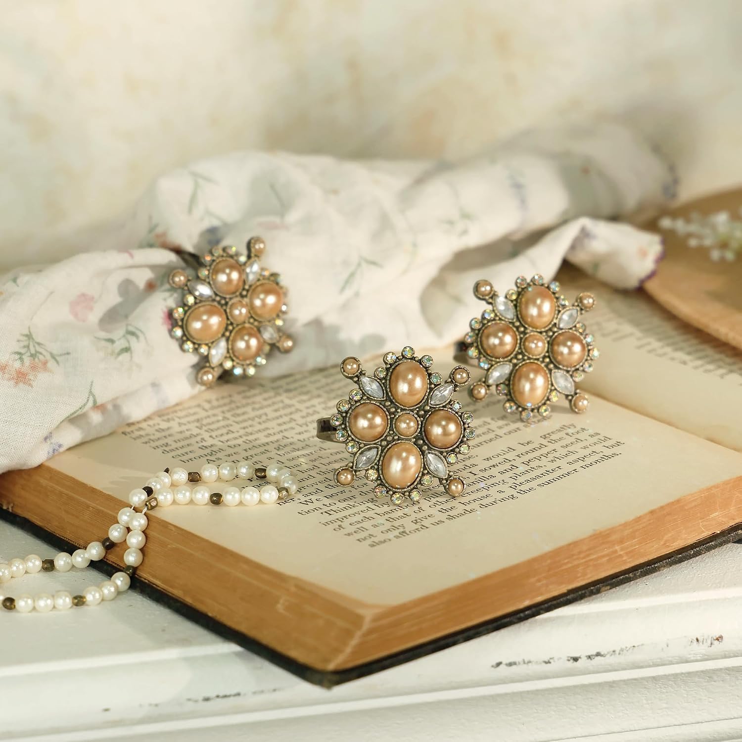 Vintage Pearl Napkin Ring Set of 4, Antique Bronze