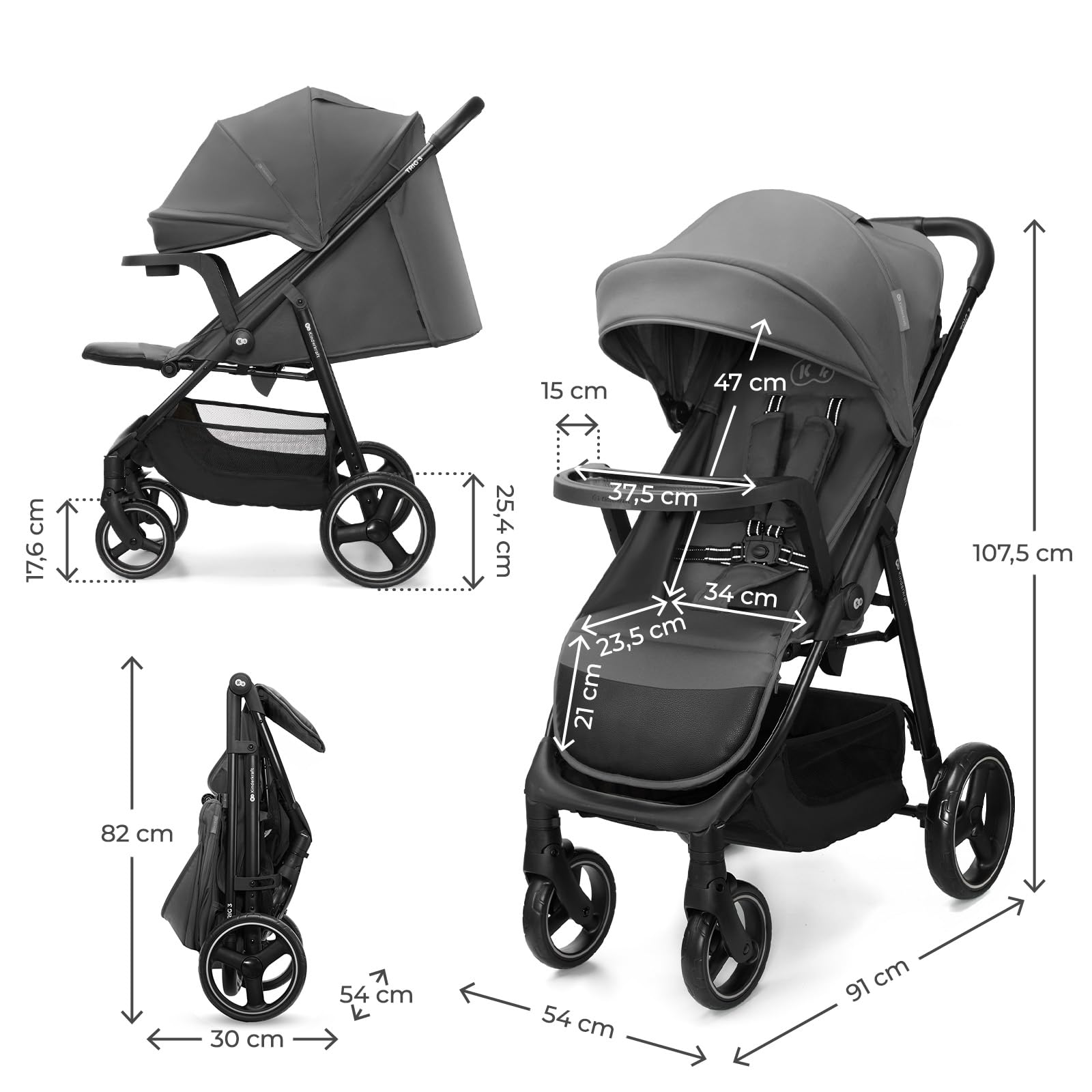 Kinderkraft TRIG 3 con vassoio, Passeggino 22 kg, CLICK & FOLD, Grigio
