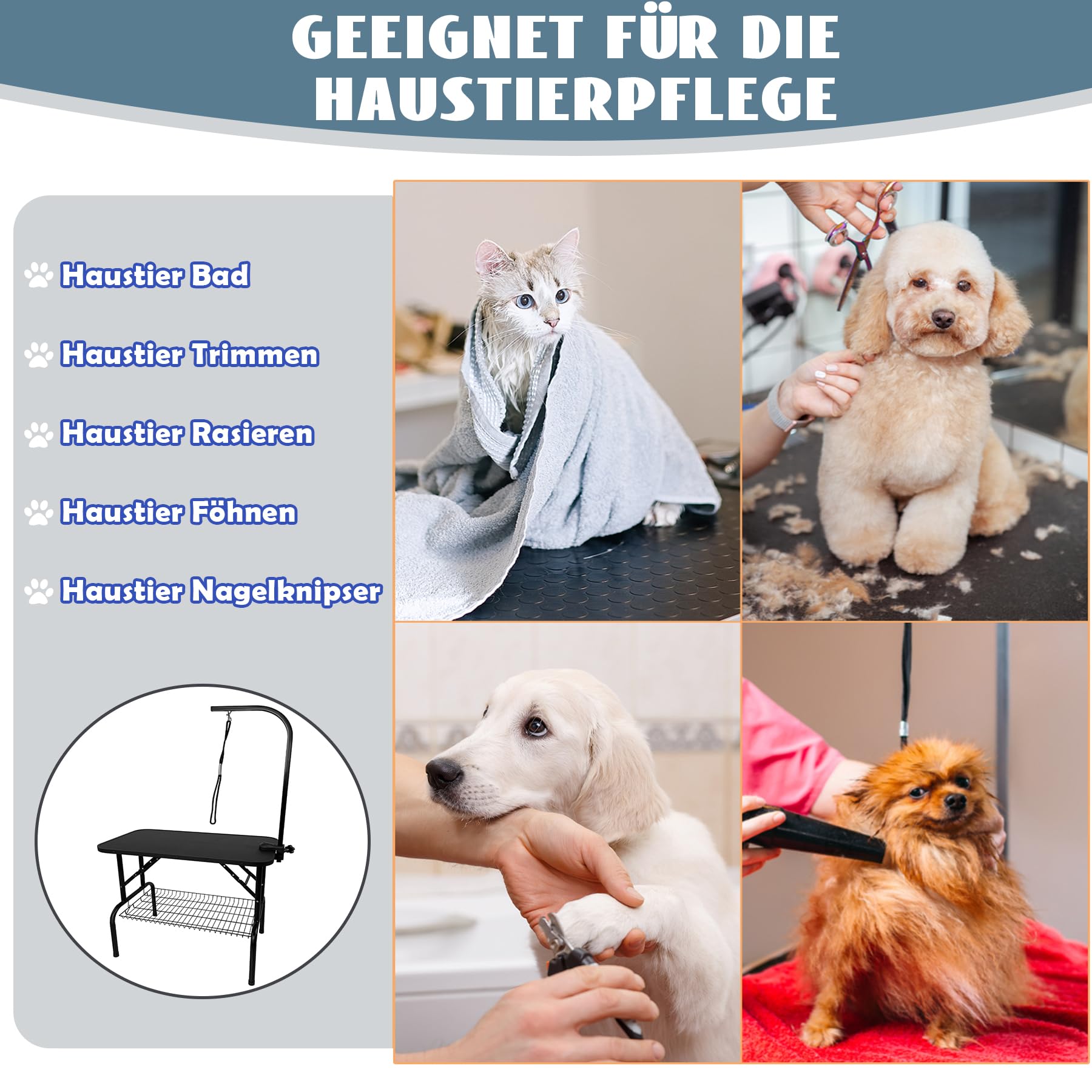 SUBTLETY Mesa de corte para perros y gatos, mesa plegable para el cuidado de mascotas, con correa giratoria de 360° y 1 bucle, altura ajustable, mesa para el cuidado de perros, mesa de peluquería para