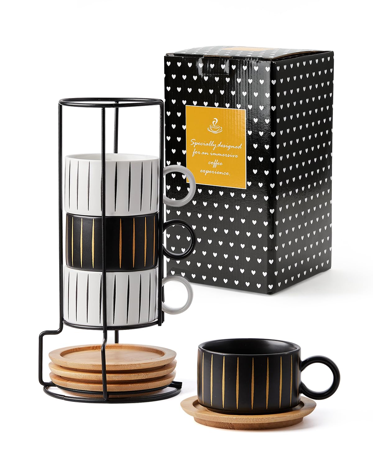 HOME DECOR Tazze da caffè in ceramica impilabili - Set di 4 tazze da 160ml con piattini in legno e supporto in metallo per doppio espresso, cappuccino e latte macchiato - Collezione a righe