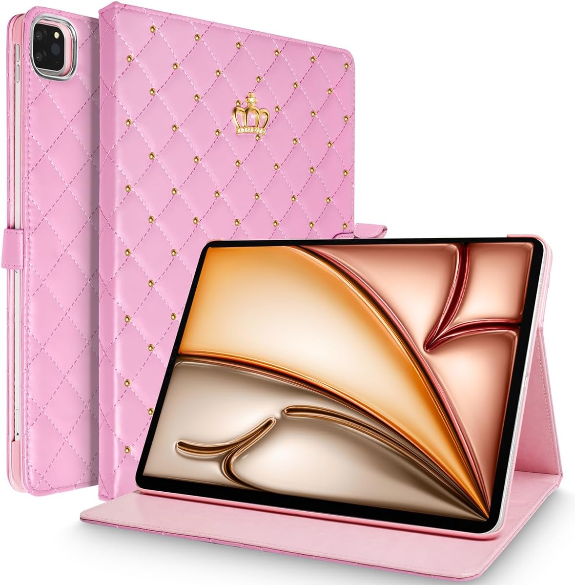 Topwin Cute Crown Case for iPad Air 11-inch M2 2024/5th/4th 10.9'', Pro 11 Inch - Flip Bling Diamond PU Leather Smart Auto Sleep/Wake Cover (Pink)