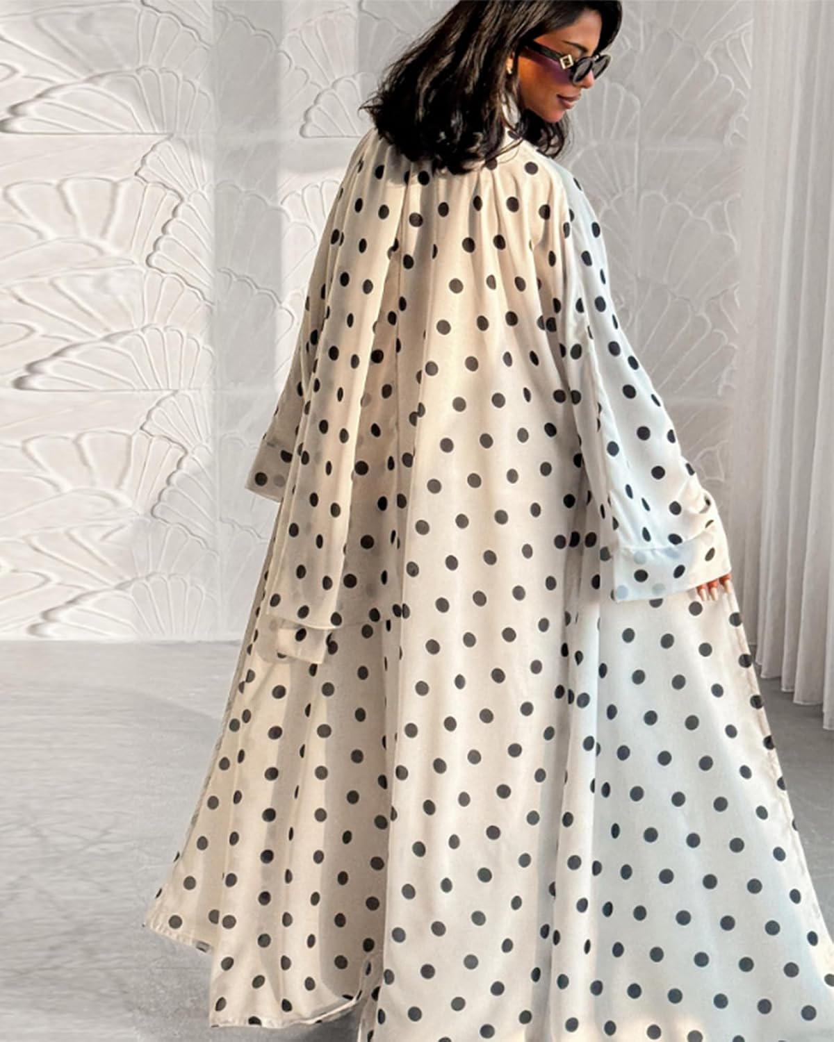 Elegant Polka Dot Abaya Cardigan Set, Muslim Modest Long Robe with Pockets & Matching Hijab, Skin-friendly, Full coverage
