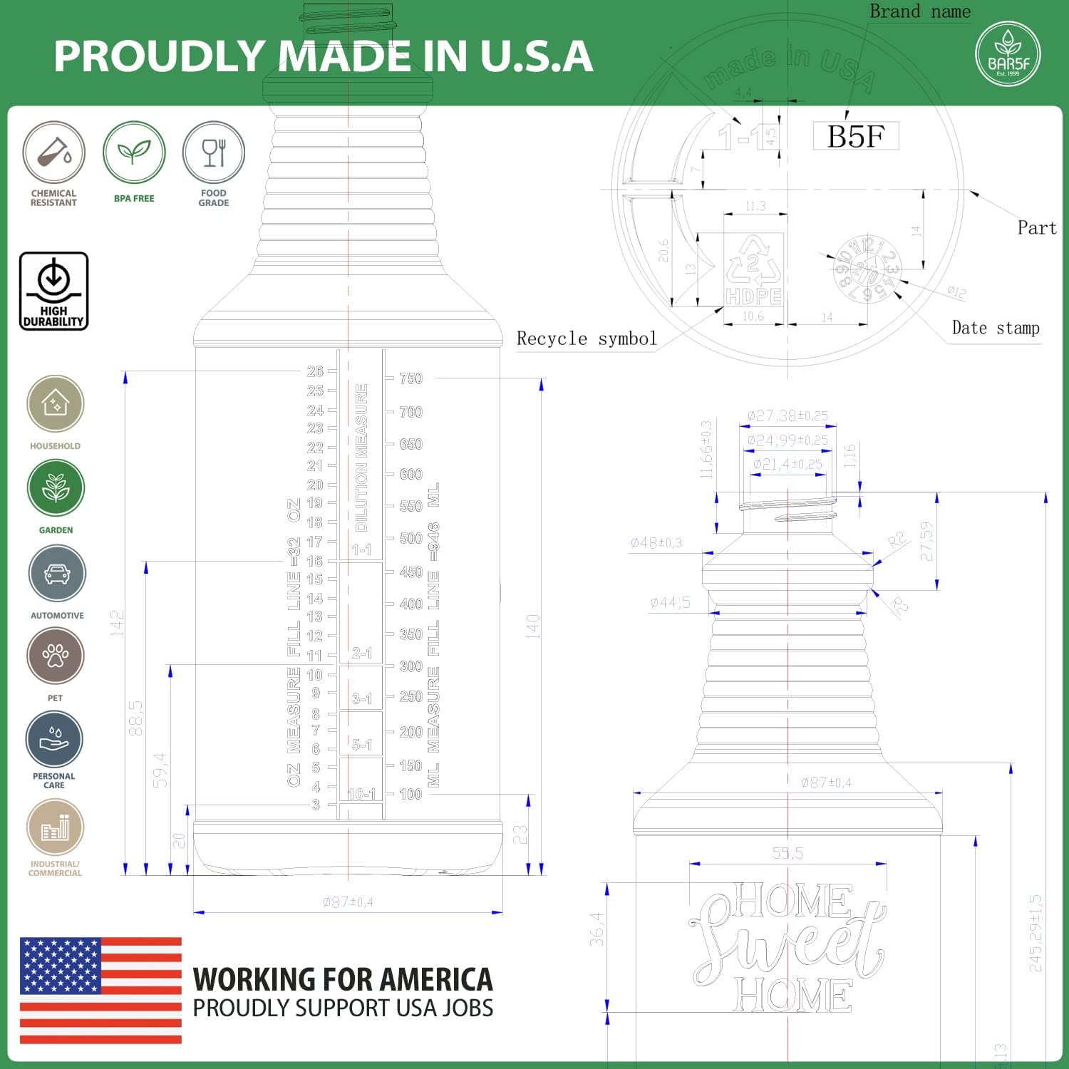 Bar5F Plant Mister Spray Bottle (2 Pack, 32 Oz) Plant Misting and Watering Bottles | Water Spray Plant Food Fertilizer | Measuring & Part Dilution Scale | Adjustable Fine Mist Spray Soak : Industrial & Scientific