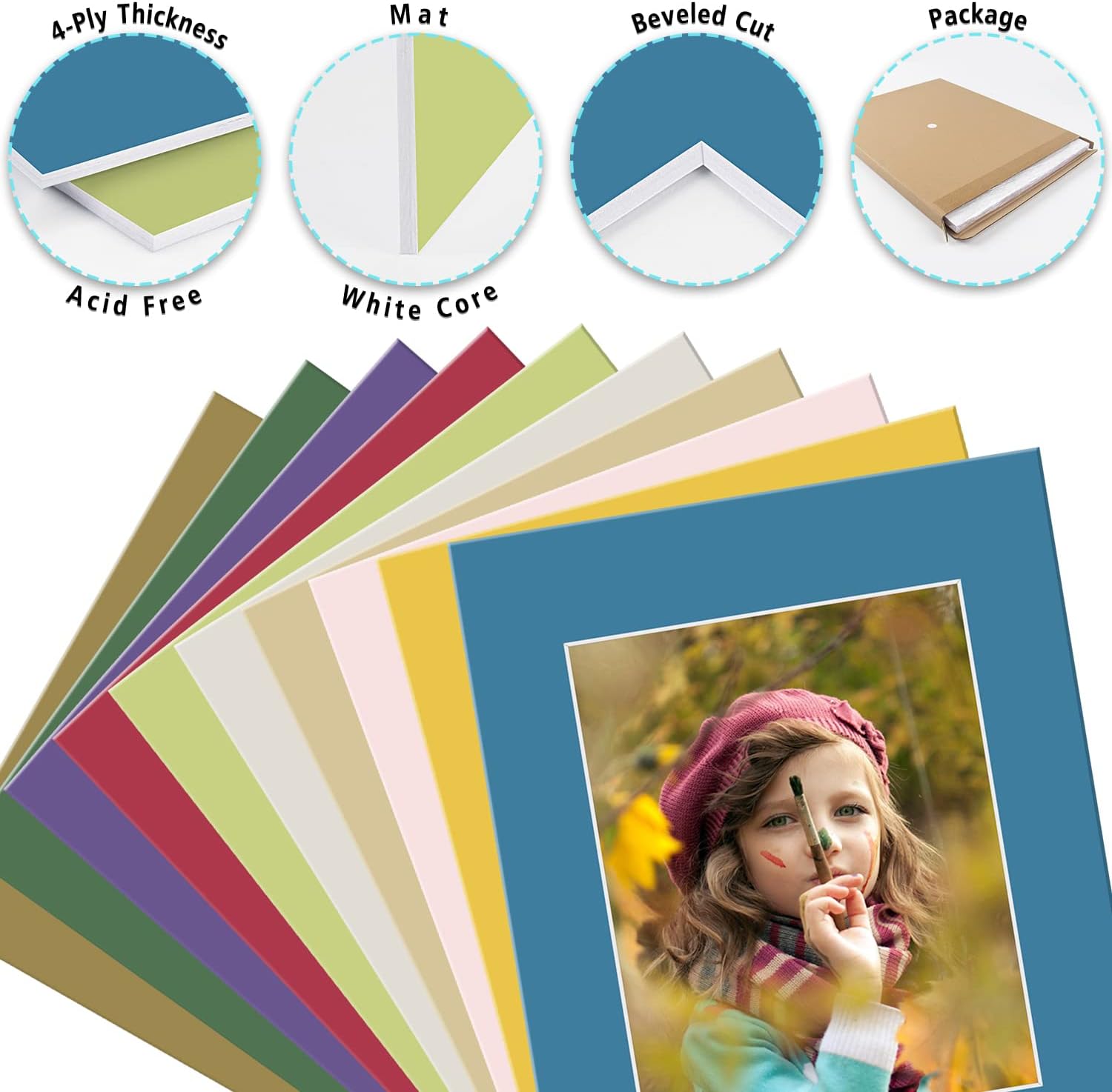 Golden State Art, Pack of 10, Acid-Free Mixed Colors Pre-Cut 16x20 Picture Mat for 11x14 Photo with White Core Bevel Cut Mattes Sets.