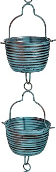 Evergreen Blue Rustic Bucket Metal Rain Chains for Gutters | 6 ft Rain Catcher Chain Replacement Downspout | Decorative Rain Chains for Outside Garden Balcony Porch