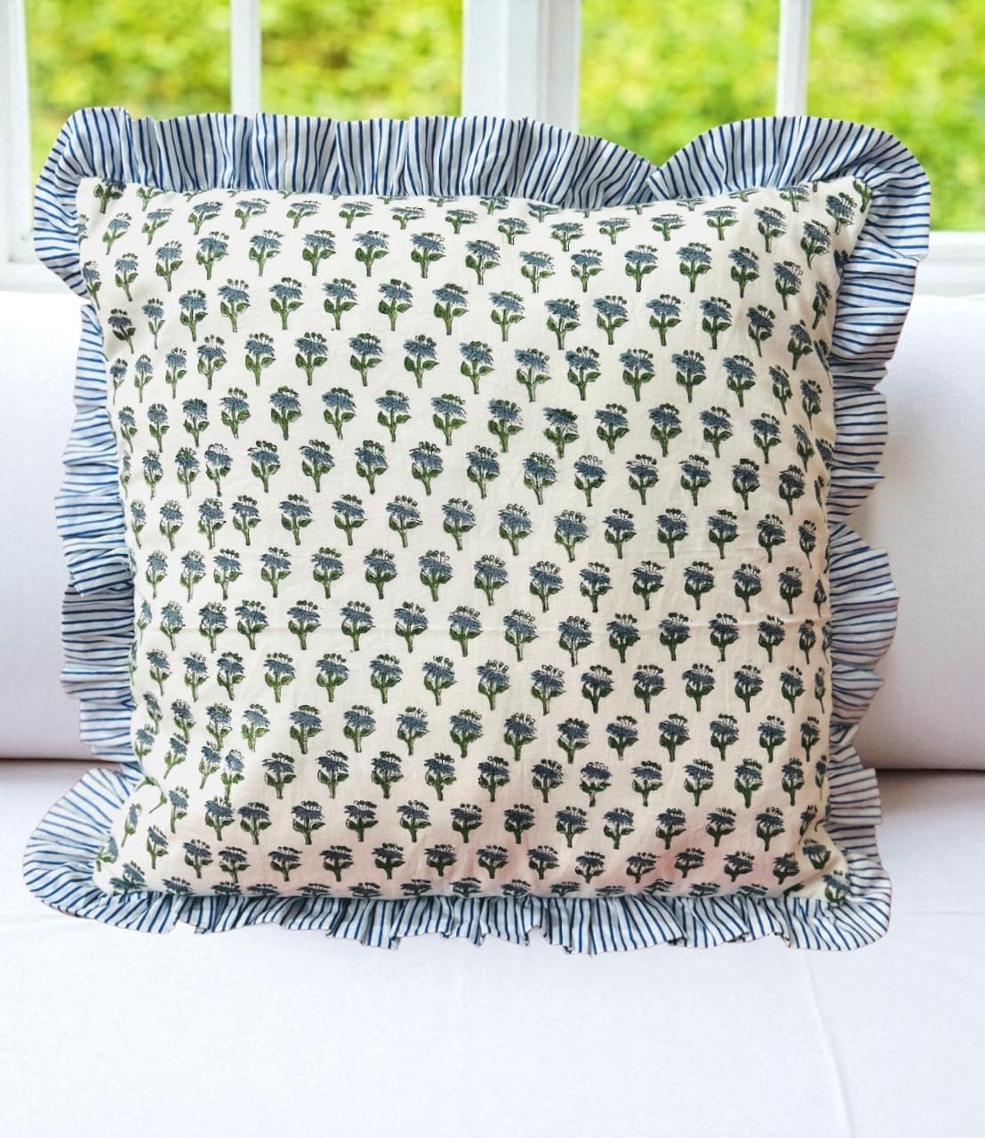 Blue Ruffle Throw Pillow Covers for Couch, 18x18 Inch Cotton Stripe Ruffle Couch Pillows for Living Room, Hidden 14 Inch Zipper Boho Pillow Case or Cute Outdoor Pillows (24x24)