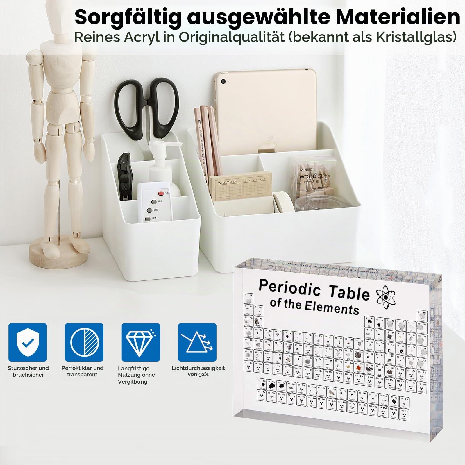 Periodensystem mit Echten Elementen im Inneren, Acryl Periodic Table of 83 Elementen, Proben Periodensystem Display Geschenk für Schüler Lehrer Kinder Studenten Handwerk (16x12x2.7cm Without Base)