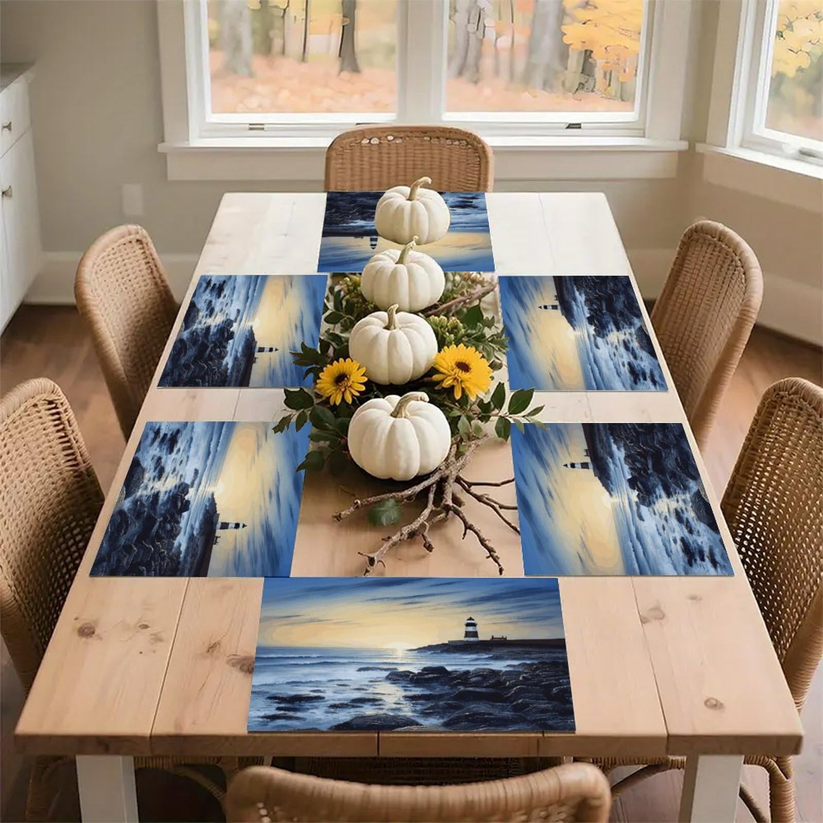 The Seaside Lighthouse Placemats Wipeable Heat Resistant Table Mats Washable Flax Place Mats Elegant Cloth Non-Slip Placemat for Kitchen Dinning Party Table Decor 12 * 18 in
