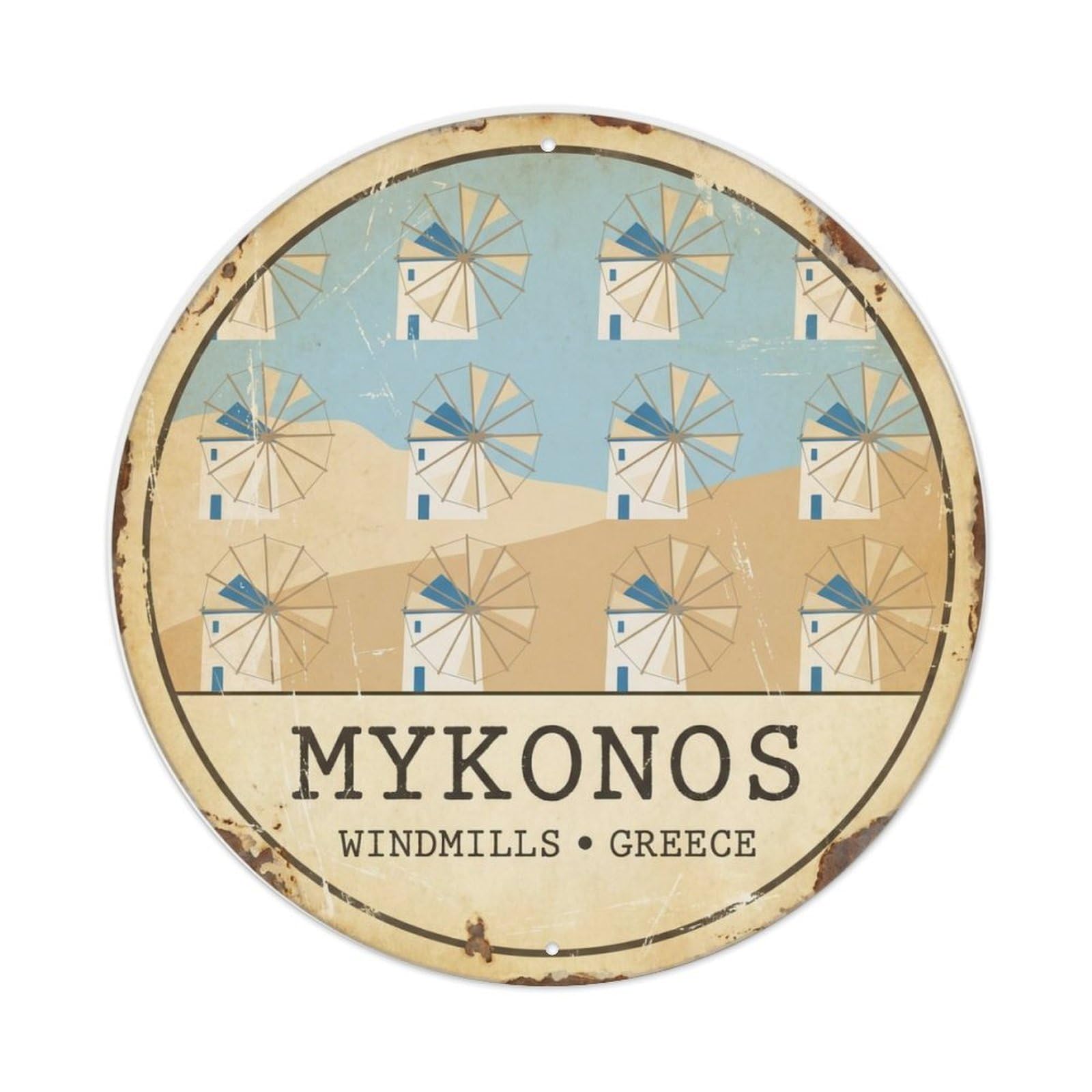 Vintage Travel Mykonos Greece Metal Tin Sign Plaque Wall Decor for Cafe, Club Bar, Office, Home Garden Round Metal Poster 8x8Inch