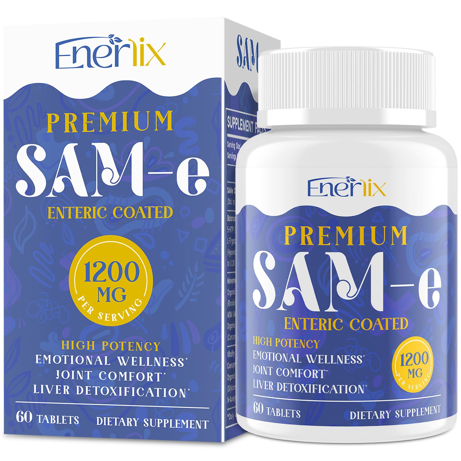 1200 MG SAM e Supplement for Brain, Mood, Joint, and Liver, High Absorption SAM-e (S-Adenosyl-L-Methionine) with CoQ10, 5-HTP, Enteric Coated 60 Tablets, Vegan