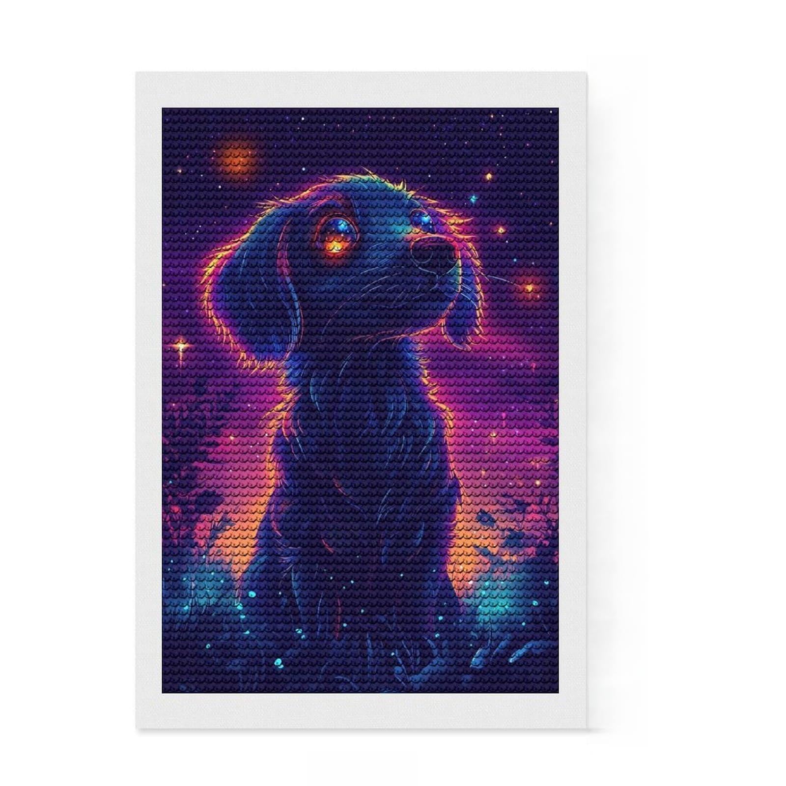Junmoney Neon Puppy Under Stars Diamond Art Canvas 8"x12", for Teens, Enjoyable At-Home Hobby, Office Decor, Gift Idea, Pleasing Wall Art Project