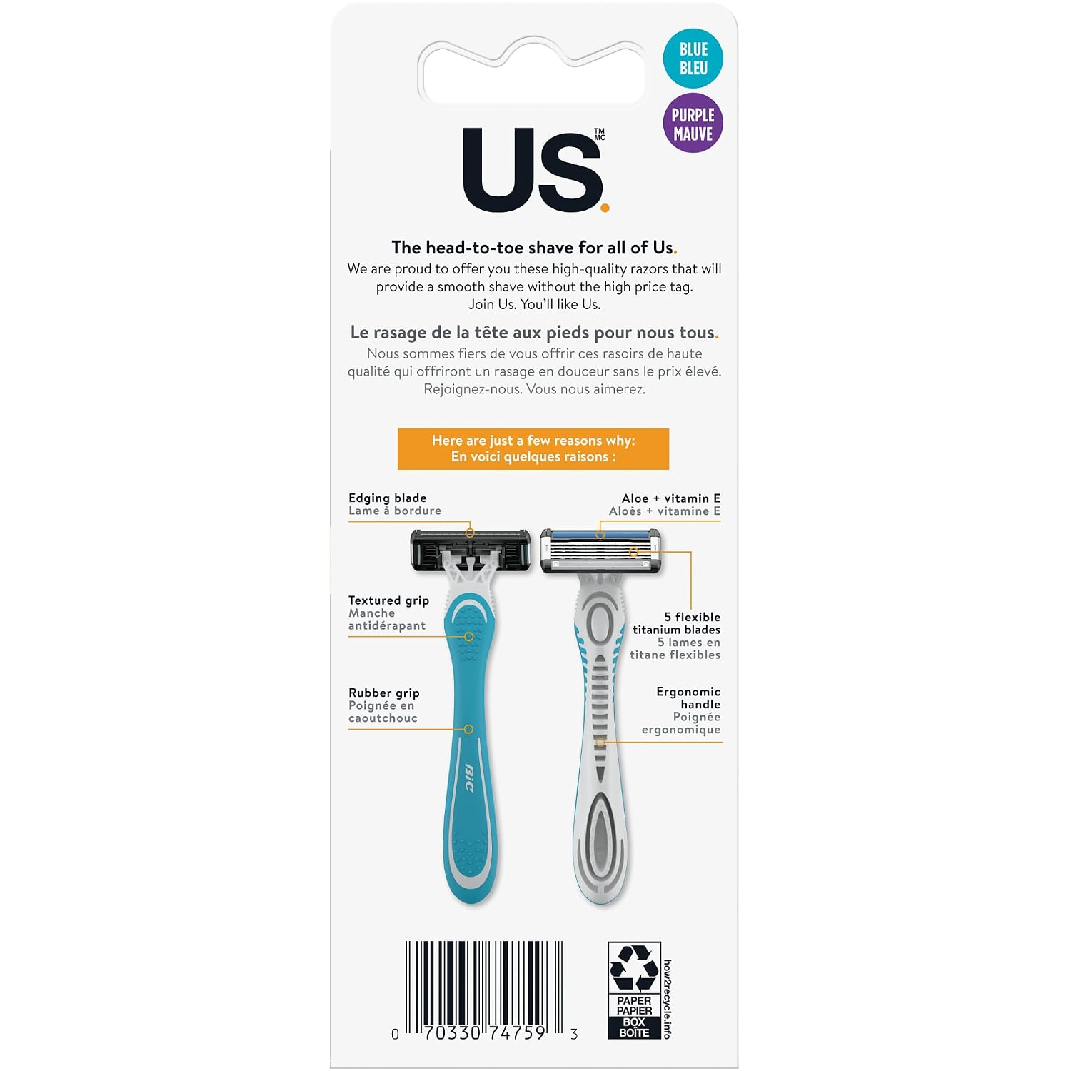BIC Us. 5-Blade Unisex Disposable Razors For Men and Women, Lubrication Strip For a Smooth, Close Shave, 2-Count