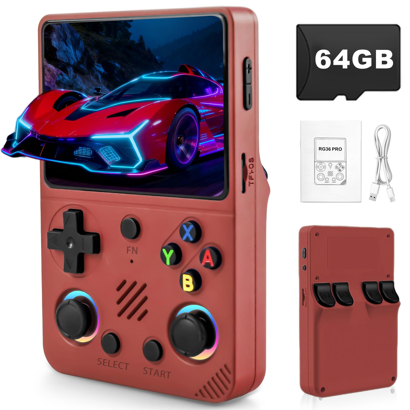Forlarme RG36PRO Retro Video Game Console-Support 30000+ Classic Games,3.5"IPS Screen,Open Source System,64G TF card,3000mAh Battery,Portable Console for Teen or Partner - Gift for Christmas - Red