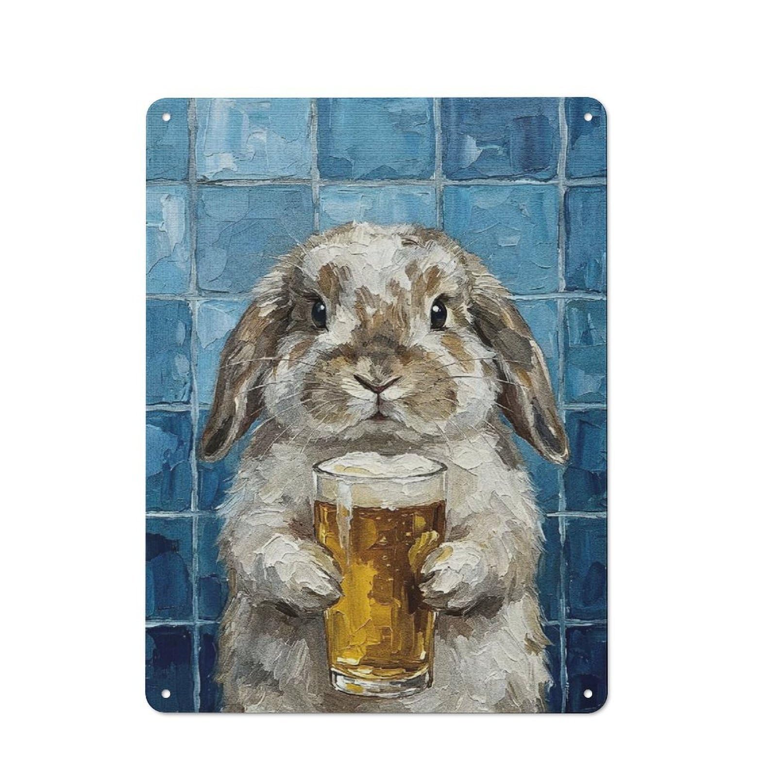 Junmoney Style-2 Rabbit With Beer Painting Retro Metal Sign 40X30cm For Home Office Or Studio, Suited To Home Office Decor Fans