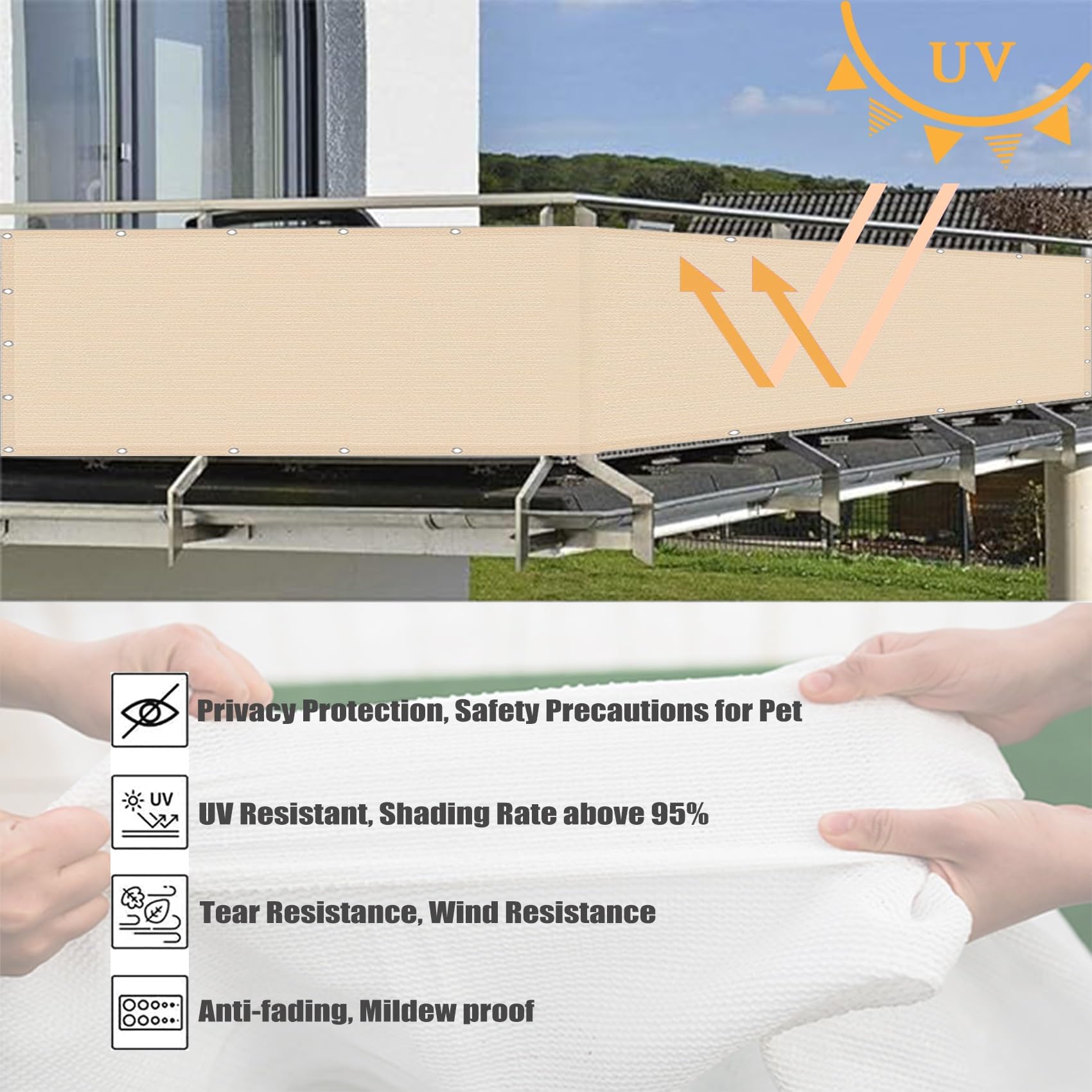 Kremowy pokrowiec na ogrodzenie balkonowe, 105 x 470 cm, oddychająca, ochrona przed promieniowaniem UV, wiatroszczelna, ochrona przed podglądaniem, z oczkami, do dekoracji ogrodu i prywatności na