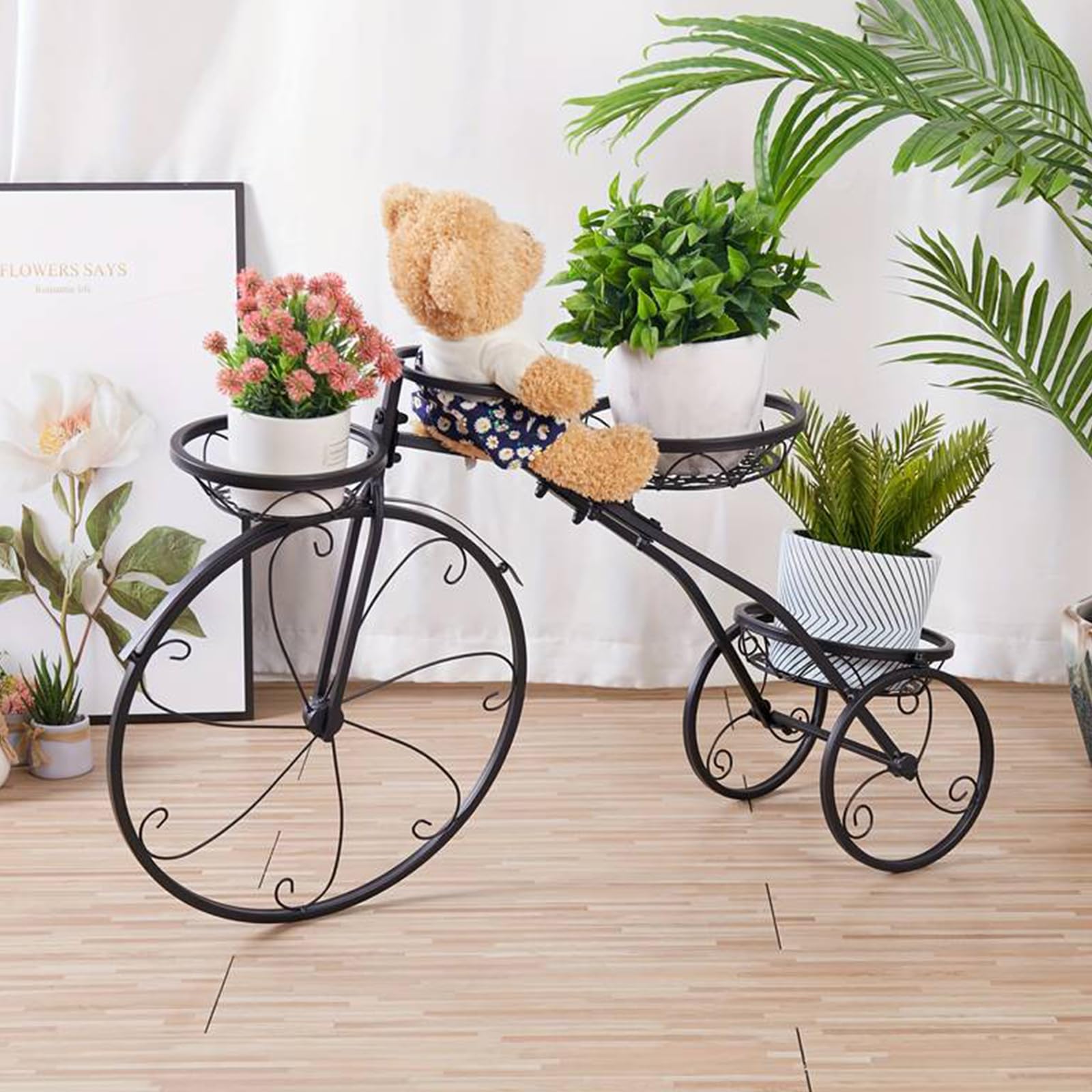 Rowerowy stojak na rośliny z 3 koszami, trójkołowy pojemnik na rośliny, dekoracja do ogrodu, na balkon
