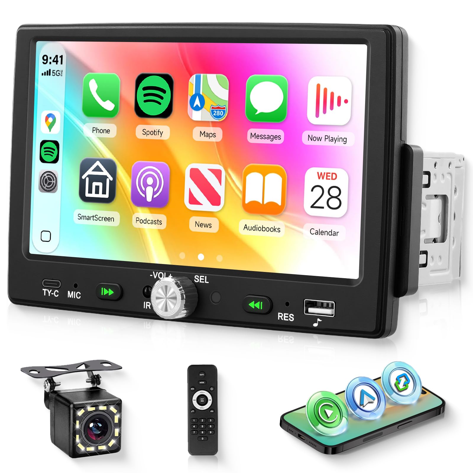 Hodozzy 1DINカーオーディオ CarPlay/Android Auto対応 7インチHDタッチスクリーンカーラジオ Bluetooth搭載 シングルDIN ミラーリンク FMラジオ バックカメラ付き EQ搭載 カーオーディオレシーバー USB/Type-C SWC対応