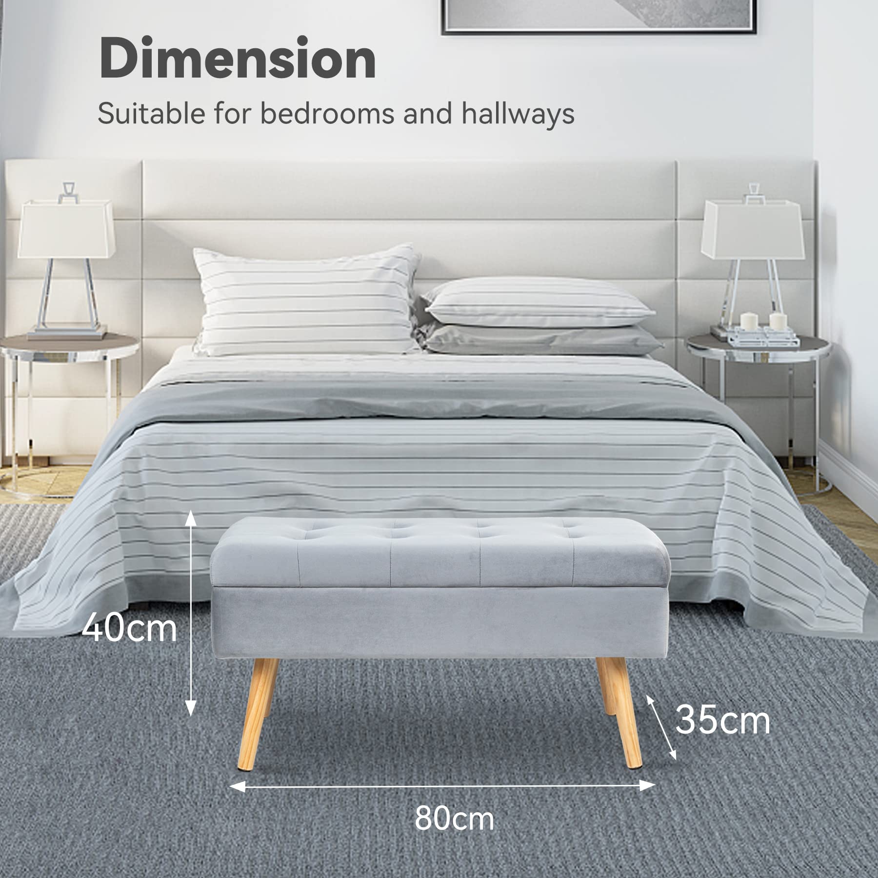 Hawthyhome Banc avec Espace de Rangement 80 × 35 × 43 cm, Coffre de Rangement en Velours avec Pieds en Bois, pour Couloir, Salon, Chambre à Coucher, Gris