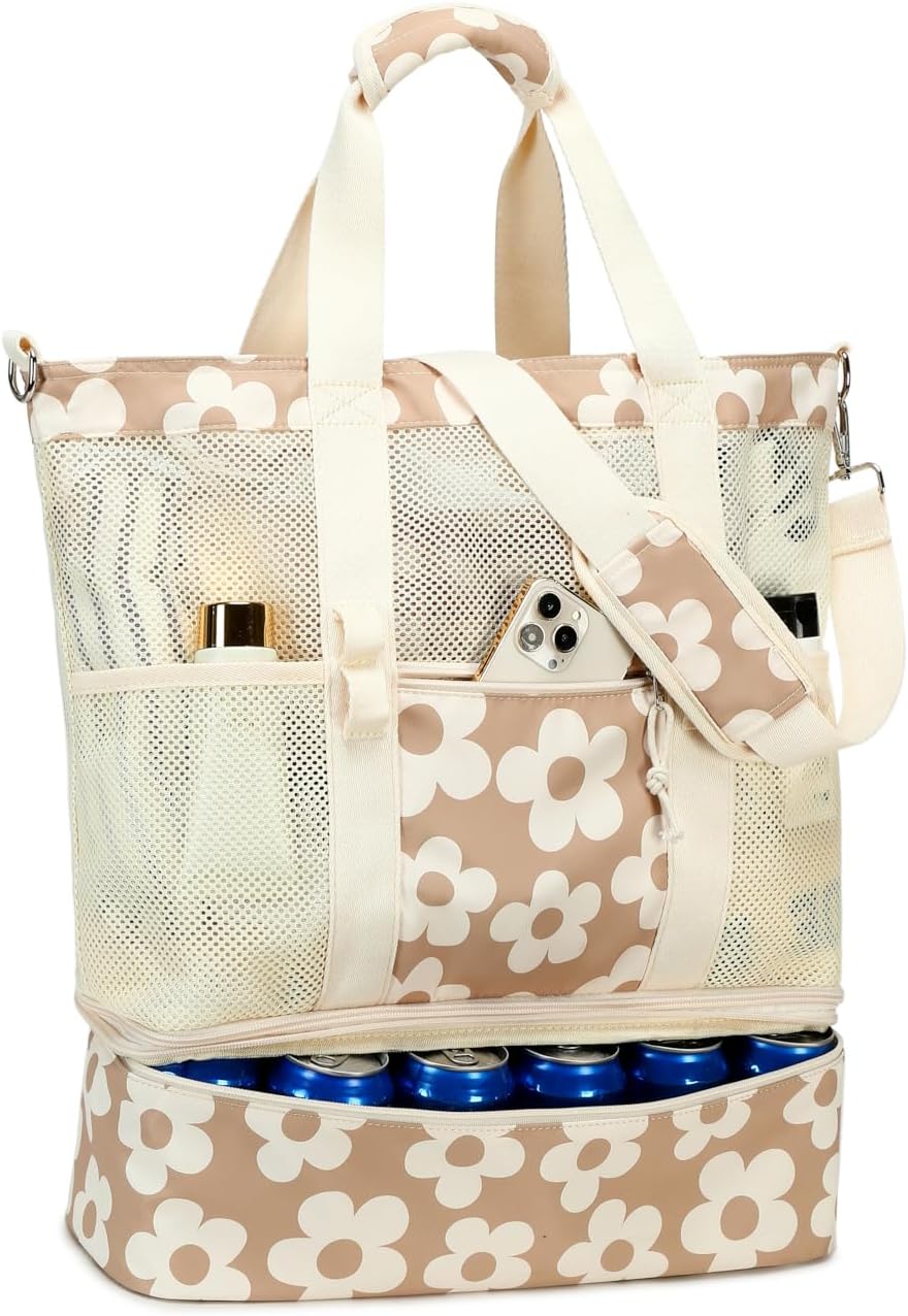 Bluboon Mesh Beach Tote Bag with Cooler Compartment Insulated Detachable Picnic Bag with Zipper and Pocket Pool Bag for Women - Image 9