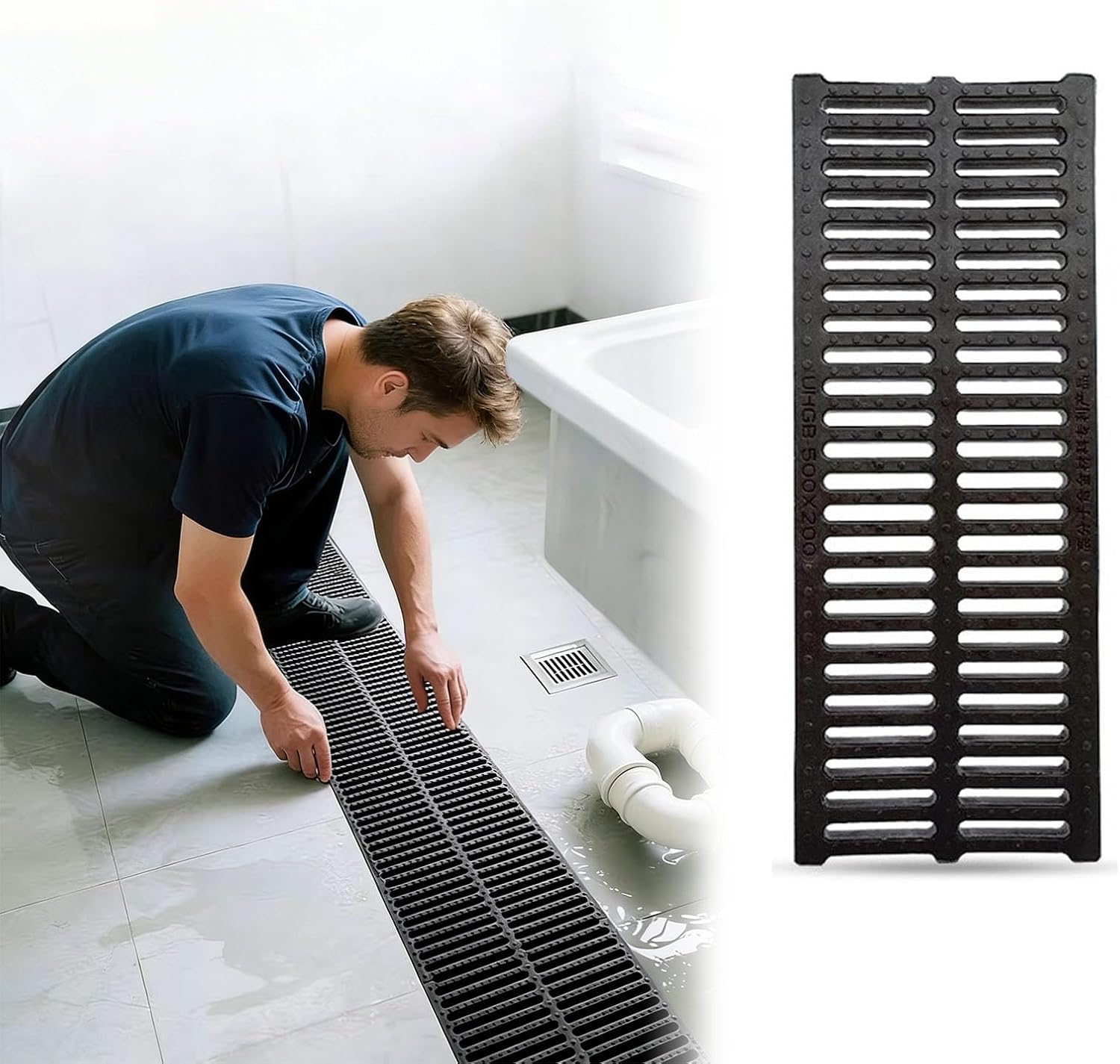 20" Plastic Floor Drain Grate Cover for Indoor Use Rainwater Trench Strainer for Basement Driveway & Pool Efficient Sewer Drainage System (15cm x 50cm)