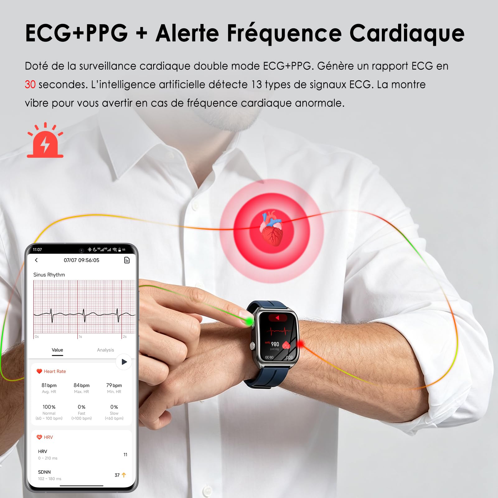 Marsyu Montre Connectée Homme ECG/IMC/HRV/Tension Artérielle IP68 Étanche