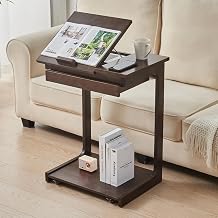 C-Shaped Side Table with Wheels - Wood C Shape End Table for Couch on Wheels, Modern Wooden Small Tv Tray Sofa Couch Tables with Drawer Storage for Living Room Bedroom, Black, 13" D x 14.4" W x 26" H