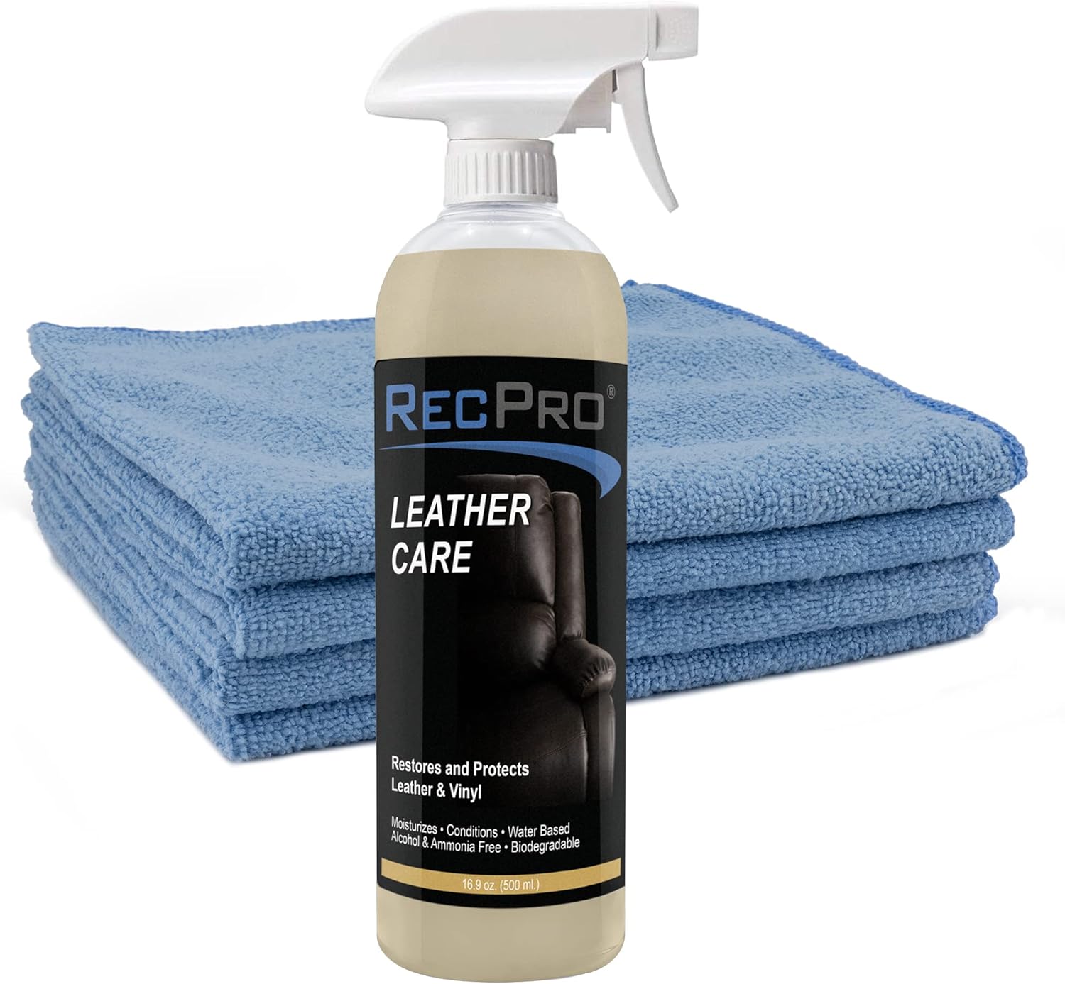 RecPro Leather Care Conditioner and Protectant | 16.9 oz | UV Protectant Prevents Cracking and Fading of Leather and Vinyl (Leather Care with 4pk Microfiber Towels)