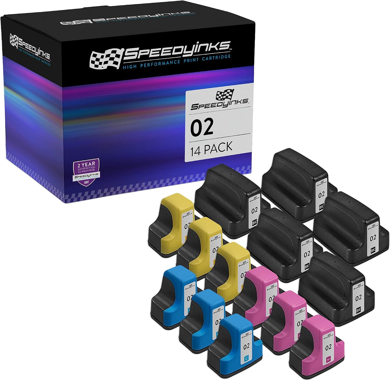 SPEEDYINKS Remanufactured Replacements for HP 02 Ink Cartridges with smart chip (5 Black, 3 Cyan, 3 Magenta, 3 Yellow, 14-Pack) PhotoSmart C5180 C6180 C6280 C7250 C7280 C8180 D6160 D7145 D7155 D7160