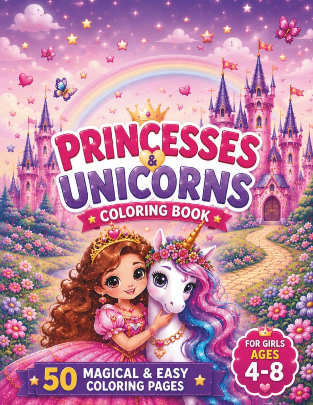 Princess and Unicorn Coloring Book for Girls Ages 4-8: 50 Cute and Easy Coloring Pages Featuring Princesses, Unicorns, Castles, Rainbows and Magical Adventures