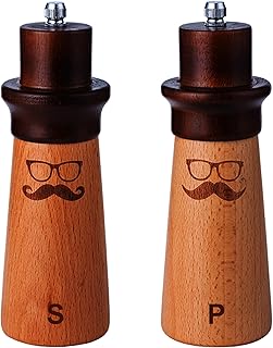 Premium Wooden Salt & Pepper Grinder Set, Refillable Mills, Manual Grinder, Beech Wood Shakers with Adjustable Ceramic Core - 6.7 Inches - 2 Pack