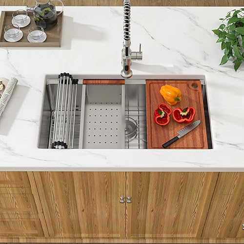 Miniatura 3 de Fregadero de cocina de montaje inferior 33 x 19 pulgadas, estación de trabajo de acero inoxidable calibre 16, fregadero de cocina bajo encimera,