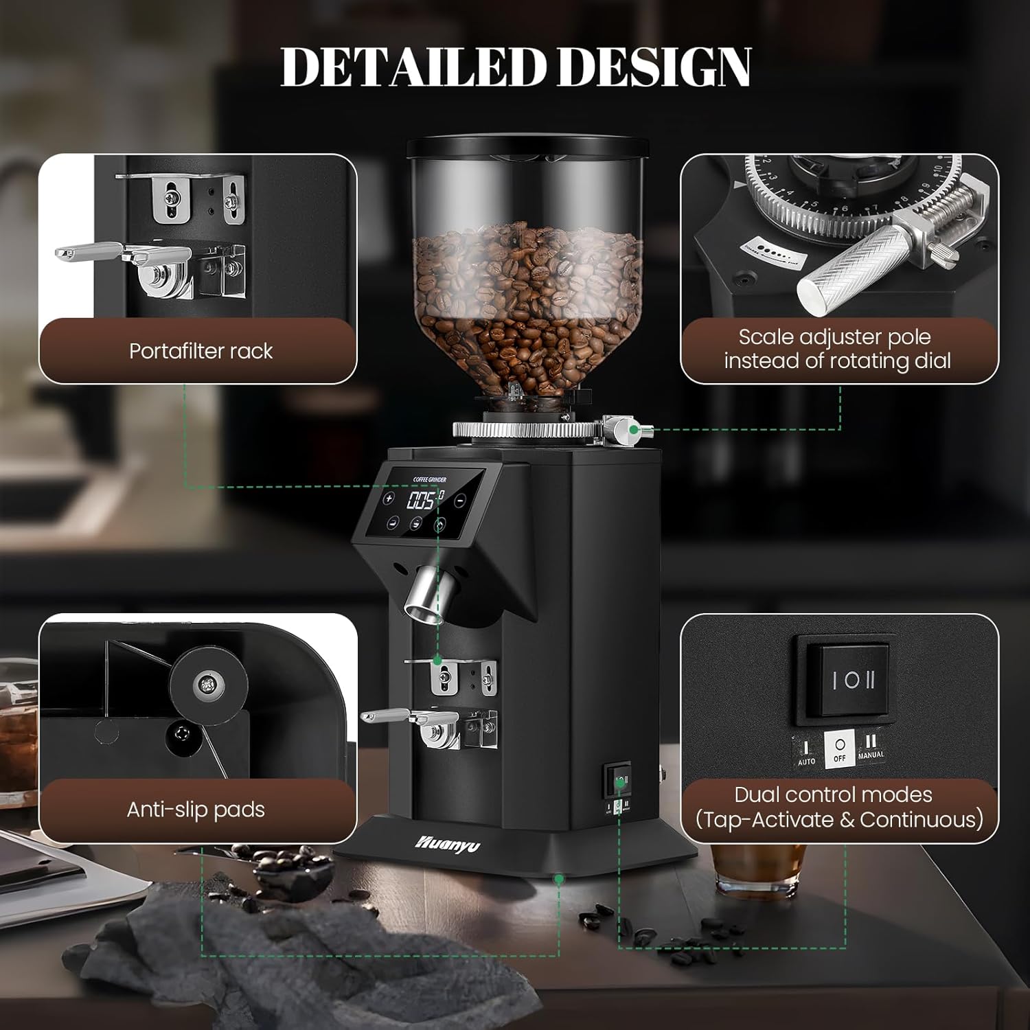 Commercial Coffee Grinder - 74mm Flat Burr, 53oz Bean Hopper (40% Thicker), 15 Stepless Grind Settings, Touch Screen Control, Perfect for Home & Cafe Use