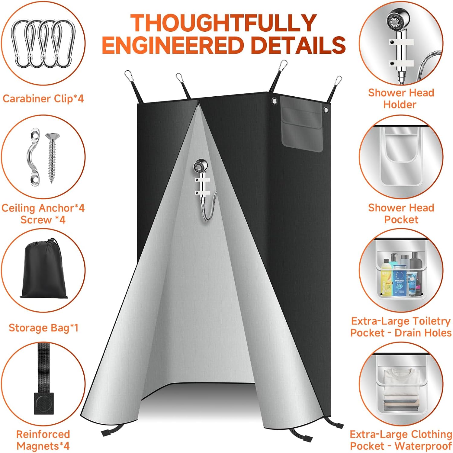 RV Shower Curtain with Magnetic Bottom - 420D Heavy Duty Opaque Privacy Folding Curtain for Camping, Camper Van, Travel Trailer, Sailboat, Outdoor -Includes Toiletry & Clothes Pockets 30 x 72