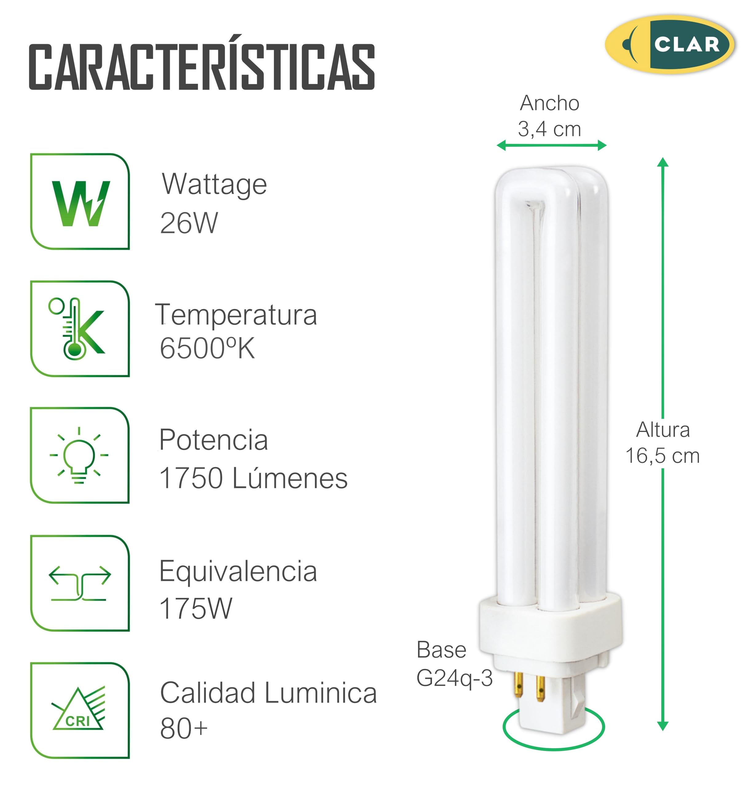 CLAR - Bombilla Fluorescente Gemini D/E 26W 6500K G24q-3 Luz Blanca Fría CFL Profesional 4 Pines Tubo Compacto Reemplazo Técnico Alto Flujo Iluminación Oficina Taller Cocina Industrial Precisa