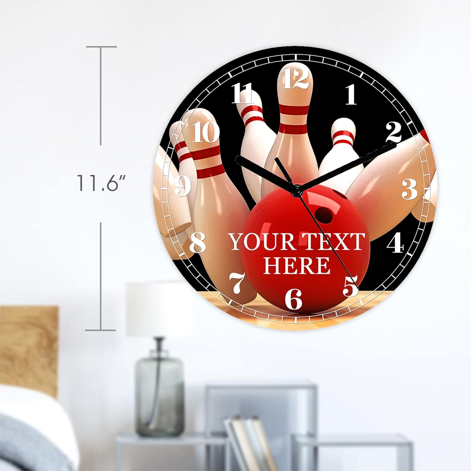 Bowling Large Decorative Wall Clock, Modern Personalized Clocks for Walls, Unique Silent Non Ticking Battery Operated Clocks, Custom Clock Gift 11.6Inch