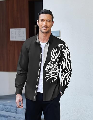 Vista 3 de COOFANDY Camisa de vestir con botones y estampado para hombre, camisas casuales de manga larga