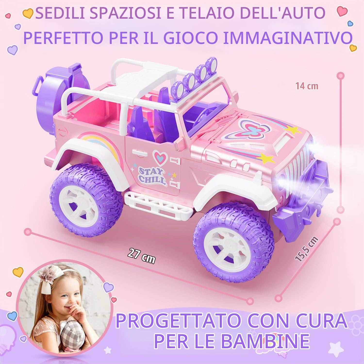 DEERC Rosa macchina telecomandata bambina con Nebbia Nebbia e Musica, 1:16 RC Auto con Luci a LED per Bambini, 2.4Ghz All Terrain SUV Camion Regali, Veicolo da Corsa Fuoristrada Giocattolo Auto, Gioca