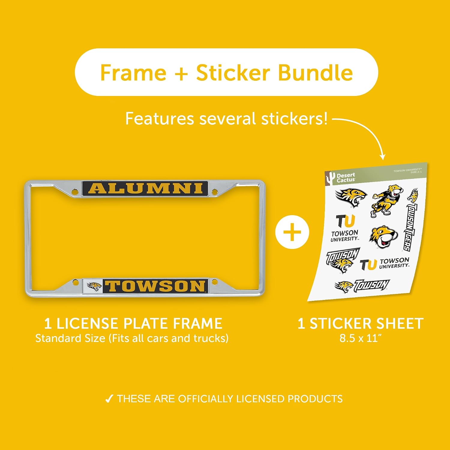 Desert Cactus Towson University License Plate Frame and Stickers Bundle Gift Set Tigers Decals image 2