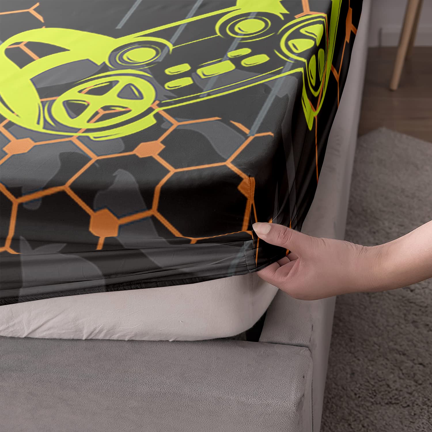 AILONEN Gamer Fitted Sheet for Kids, Game Sheet Set Twin Size,Gaming Bedsheets Set,Gamepad Bed Sheet Set for Boys,Boys Video Games Bedding Set,1 Fitted Sheet and 2 Pillow Case,3 Piece