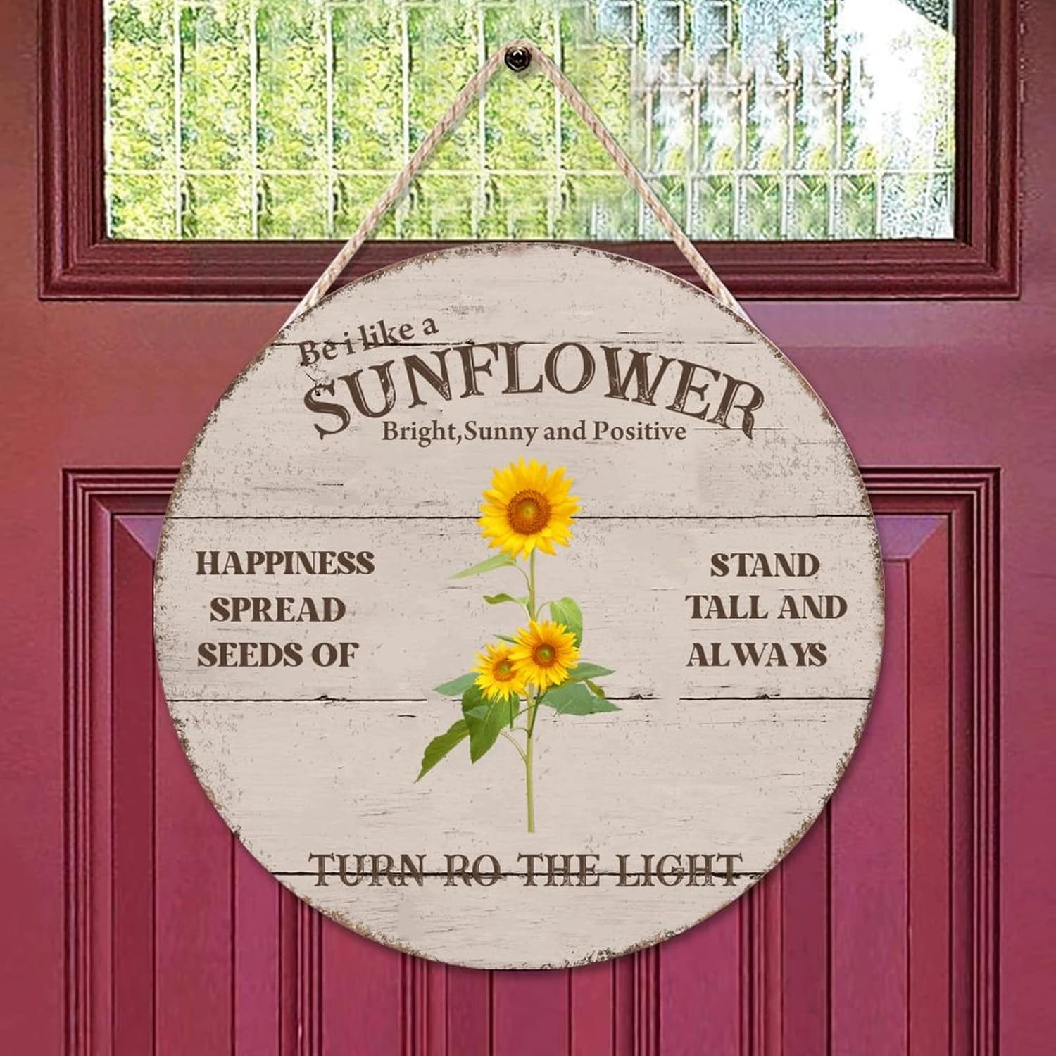 Wood Grain Front Door Round Wood Sign, Sunflower Wood Door Sign, Happiness 16x16in Wall Door Hanging Sign for Outdoor Front Porch Farmhouse Front Door Decor Housewarming Gifts
