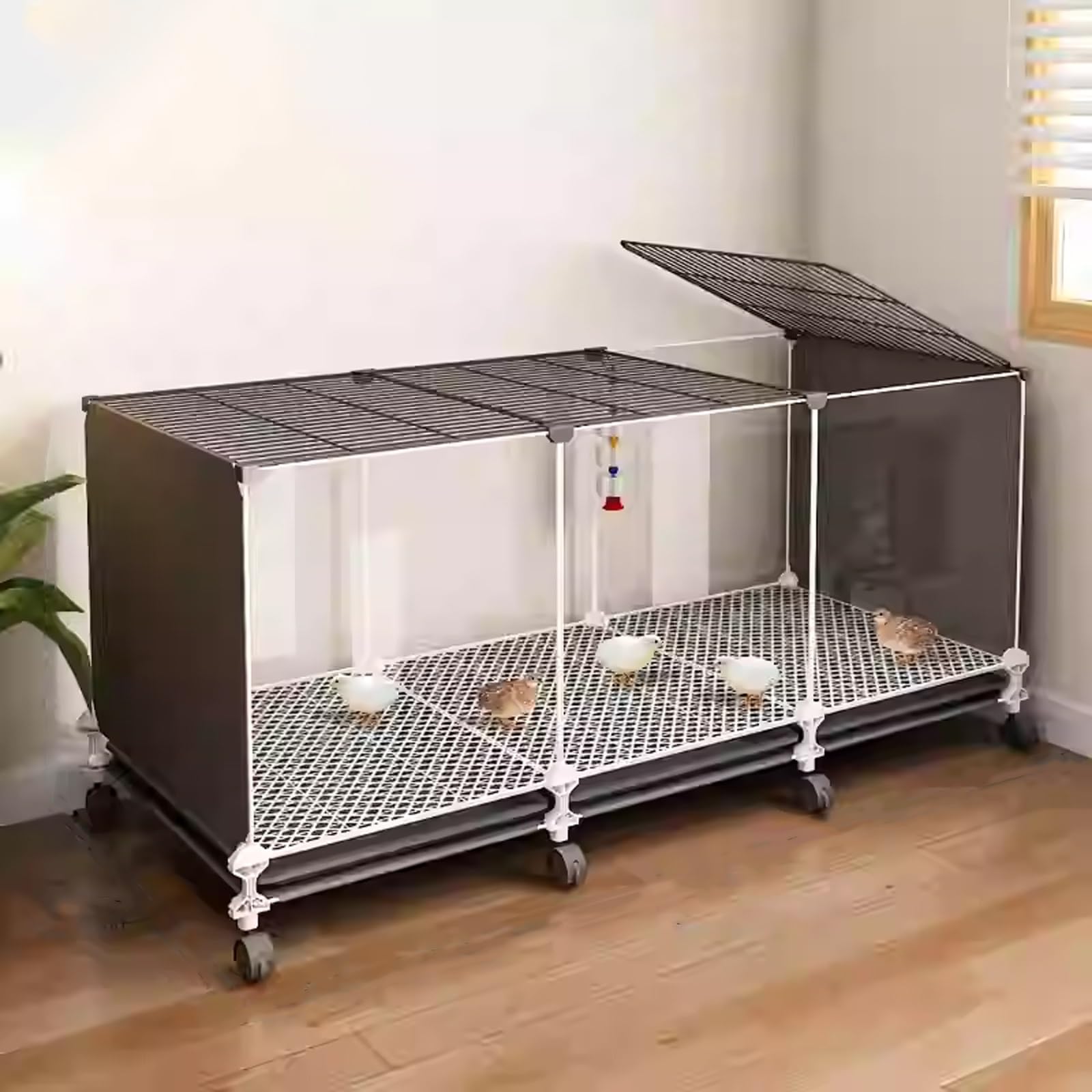 Jaula para Pollos Transparente con Bandeja Deslizante y Ruedas | Jaula para Codornices, Jaula Portátil para Conejos Rutin Chicken Coops con Almohadillas(Black,107*37*45cm)