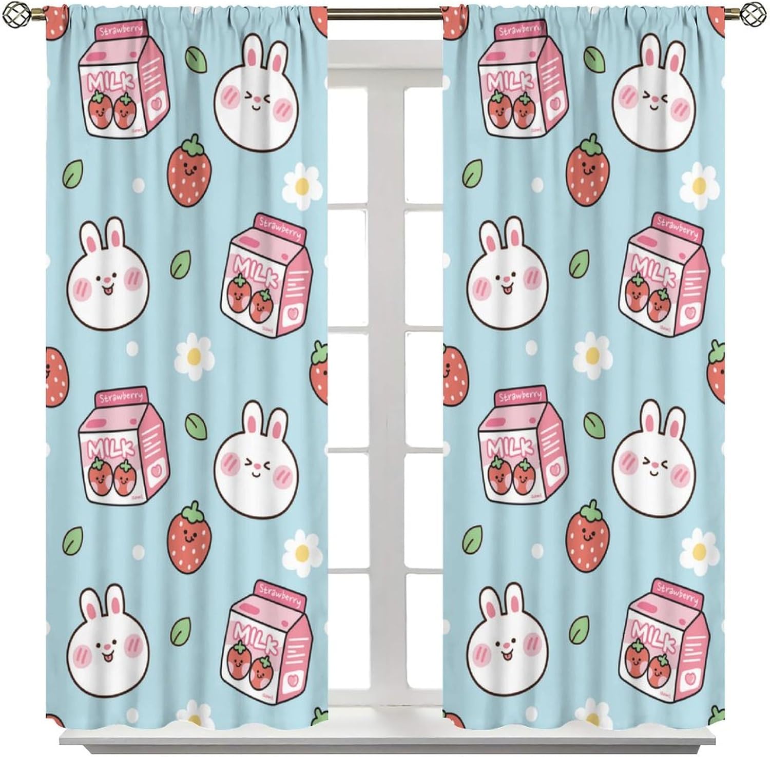 Bunny Curtain Cute Rabbit Strawberry Milk Flower Pattern for Kids Room Decoration Blackout Print Rod Pocket Window Drapes for Bedroom Living Room 63x72in