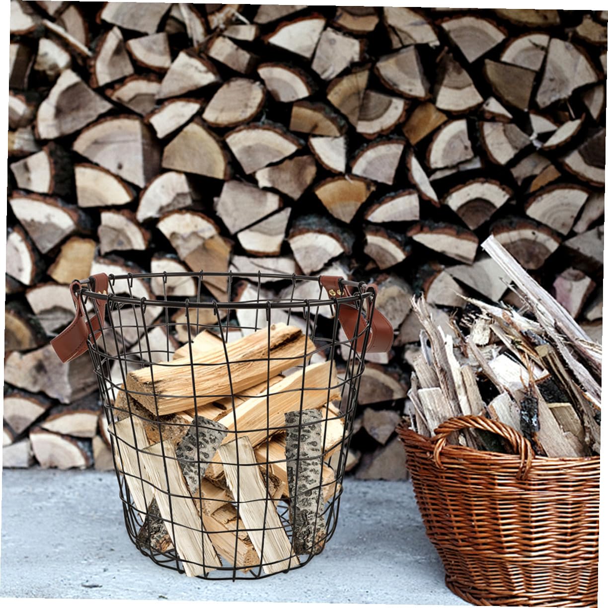 Panier à Bois Solide et Peu Encombrant en Fer Noir 2 Pièces de Chauffage avec Poignées Pliables Grosse Capacité pour Rangement Extérieur