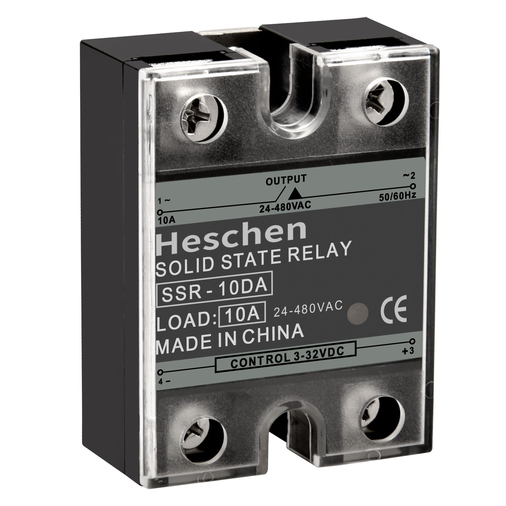 Heschen Jednofazowy przekaźnik statyczny DC/AC, SSR-10DA, wejście 4-32 VDC, wyjście 24-480 VAC, 10 A 50-60 Hz