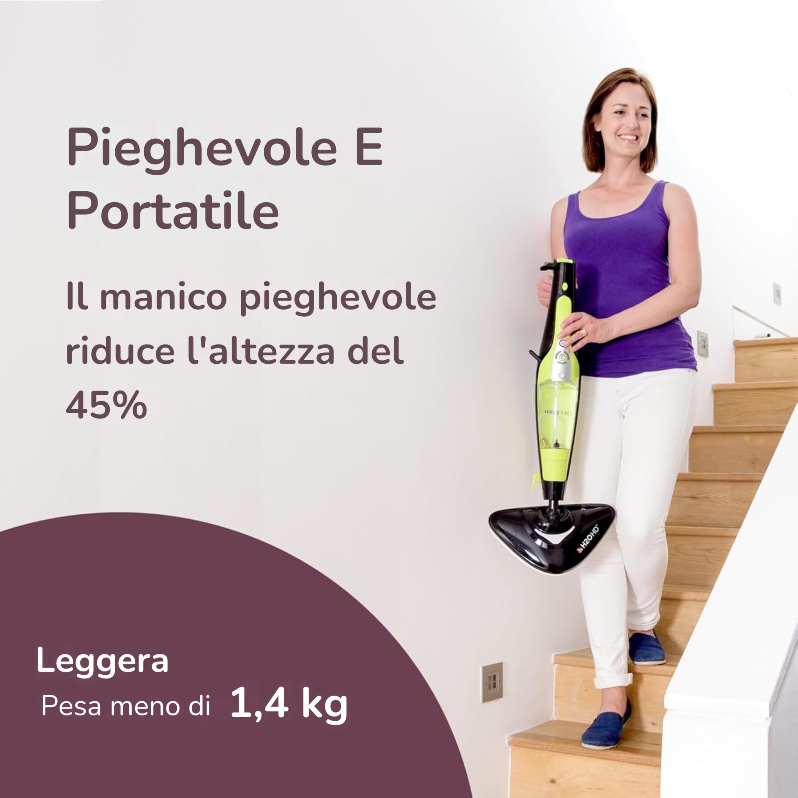 H2O HD PRO Scopa a Vapore 2 in 1 e Pulitore Portatile – 1500W, Serbatoio 450ml, Filtro Acqua + Sistema H2O E3 – Igienizza Pavimenti, Tappeti e Tessuti senza detergenti