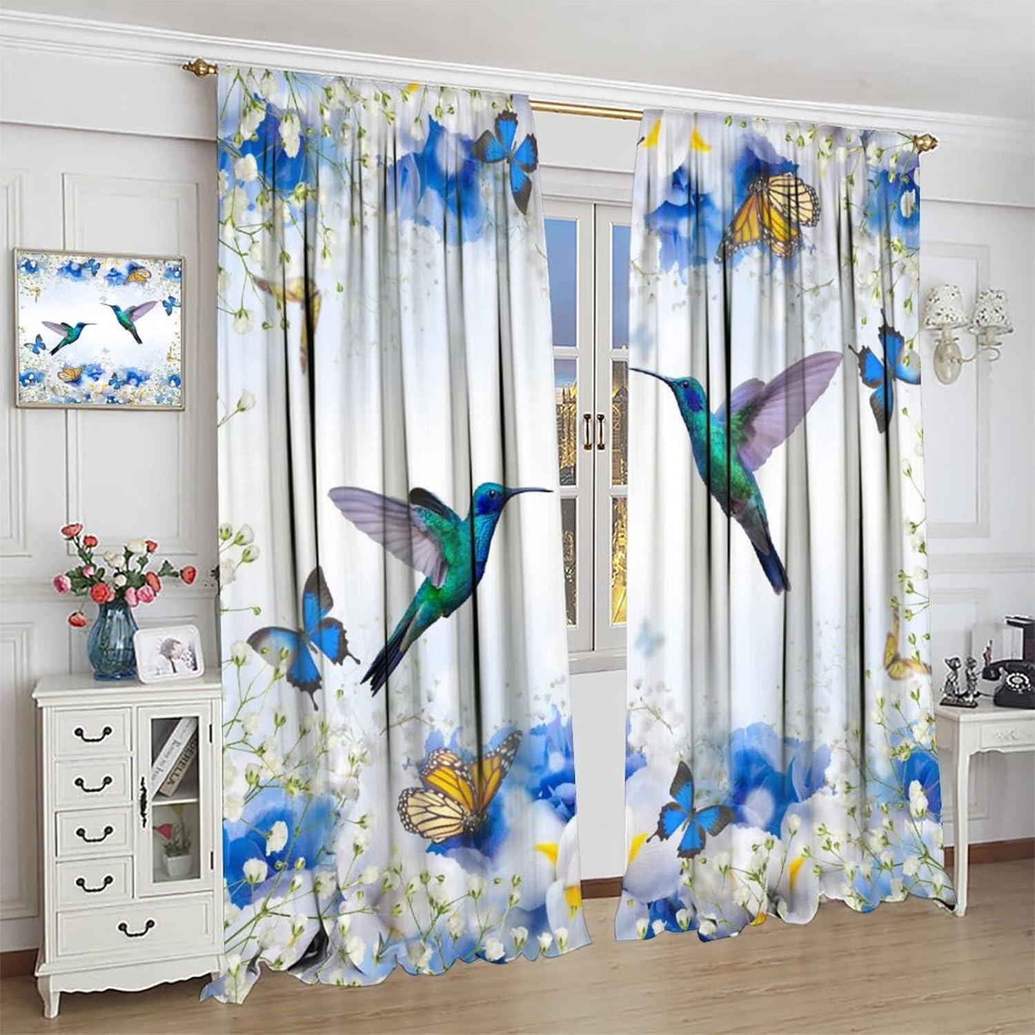 Spring Hummingbird Rod Pocket Blackout Curtains - Abstract Floral Birds Romantic Blue Flowers Window Curtain Set Energy Saving Thermal Insulated Drapes for Living Room 2 Panels 45L x 21W