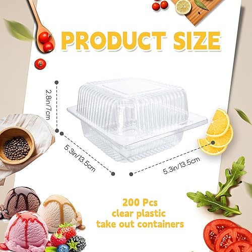 Miniatura 2 de 200 recipientes de plástico transparente para llevar, cajas de comida desechables con bisagras superiores cuadradas, recipientes para tartas,